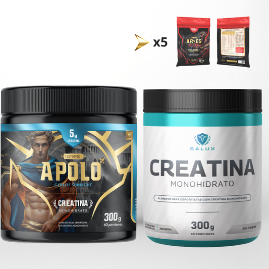 Creatina Apolo + creatina Salux + 5 sashet pre entreno Ares